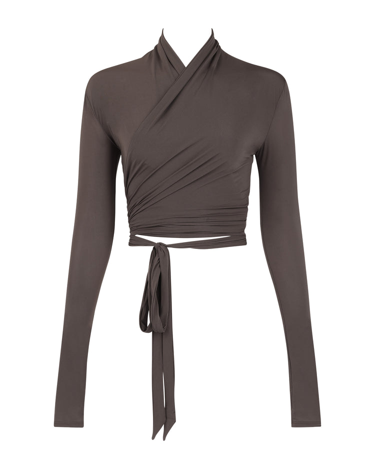 SOFT SHIMMER WRAP TOP // SMOKE