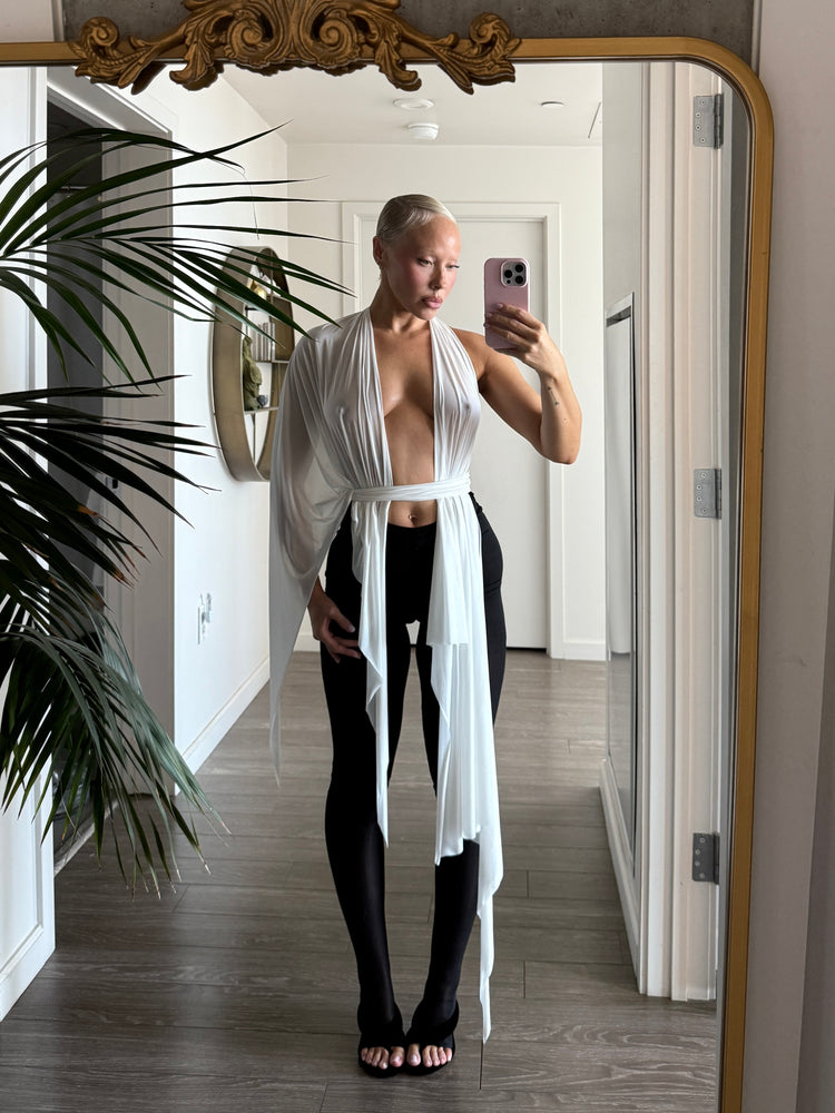 SHEER SHIMMER DRAPE HALTER // OPTIC WHITE