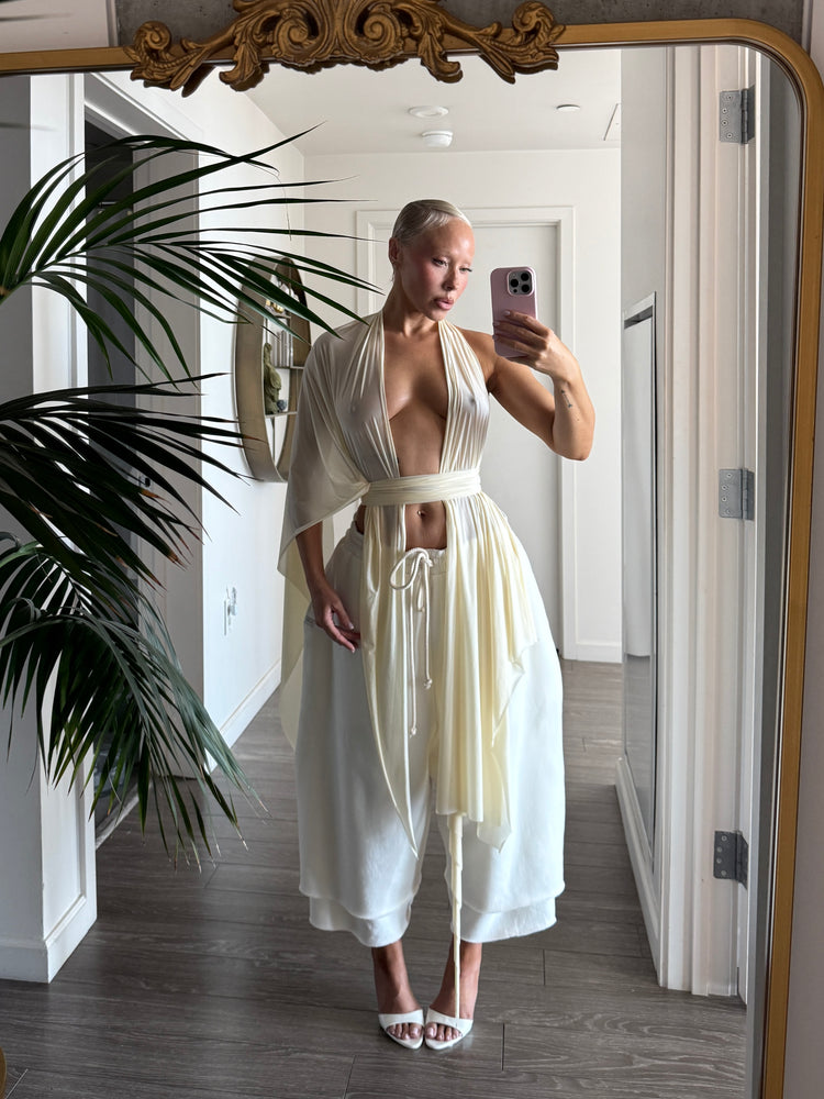 SHEER SHIMMER DRAPE HALTER // MOON GLOW