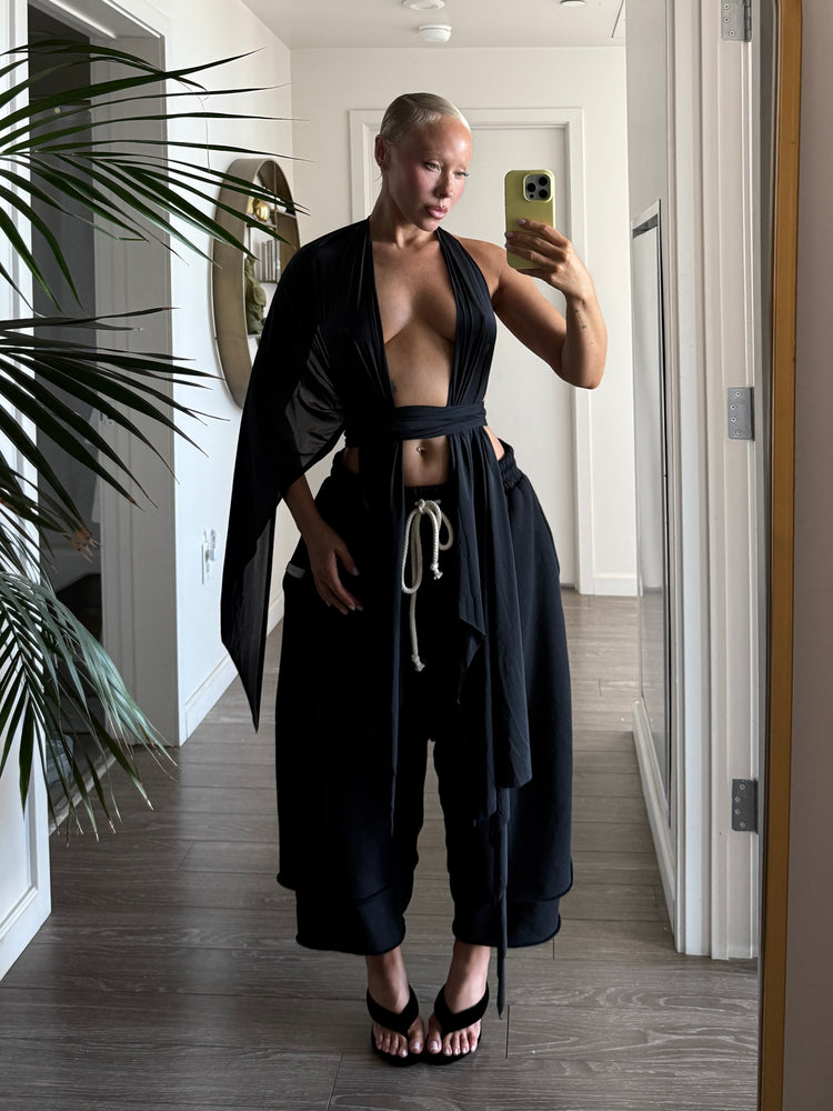 SHEER SHIMMER DRAPE HALTER // VERY BLACK