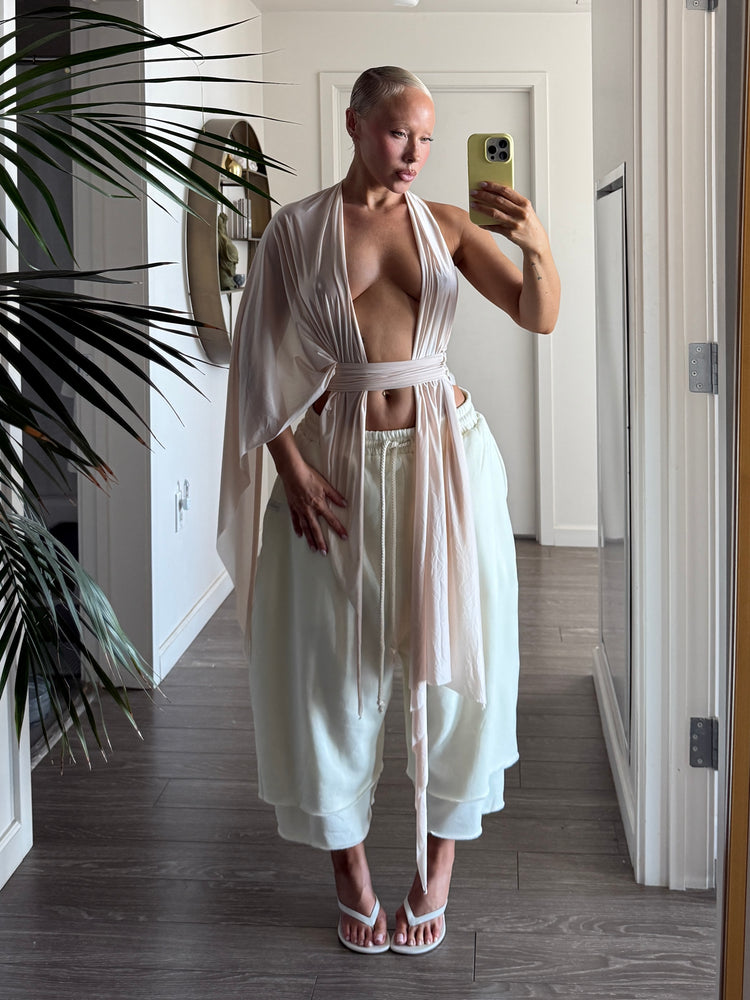 SHEER SHIMMER DRAPE HALTER // PINK MIST