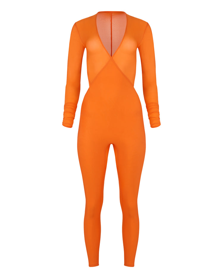 SHEER SHIMMER CATSUIT // PERSIMMON