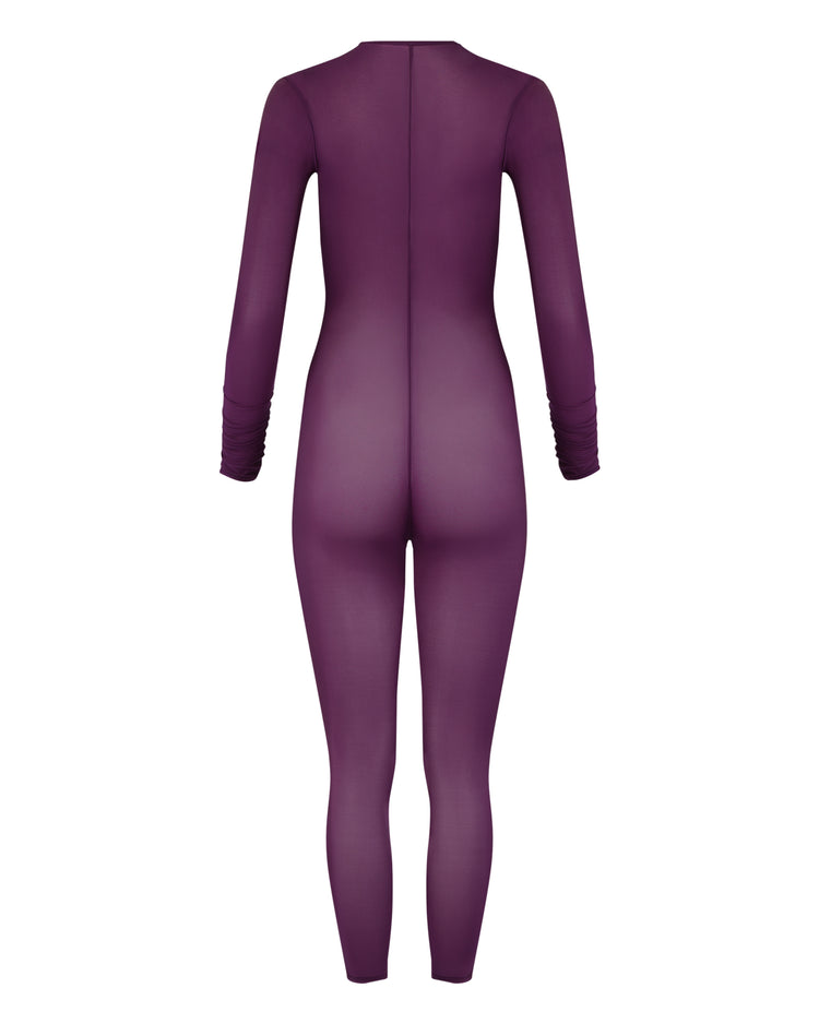 SHEER SHIMMER CATSUIT // EGGPLANT