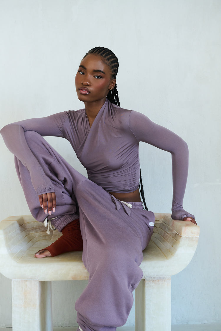SOFT SHIMMER WRAP TOP // AMETHYST