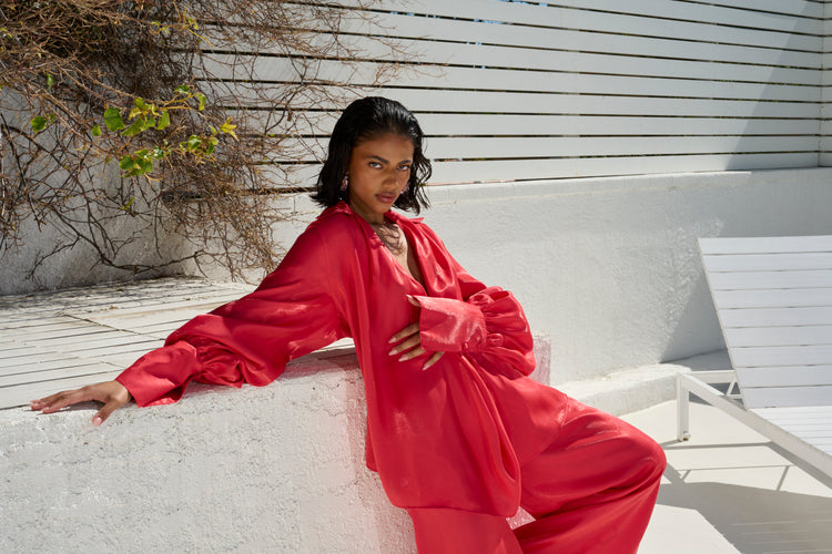 COLLARED PLUNGE BLOUSE // WATERMELON