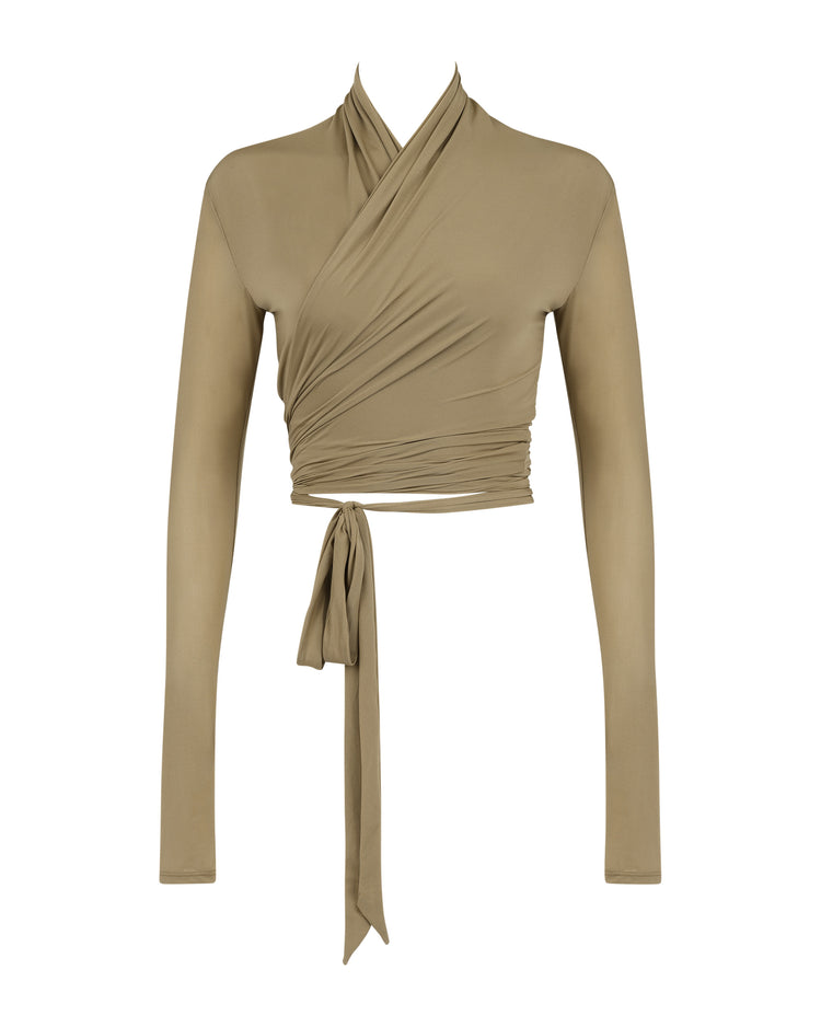 SOFT SHIMMER WRAP TOP // CLAY