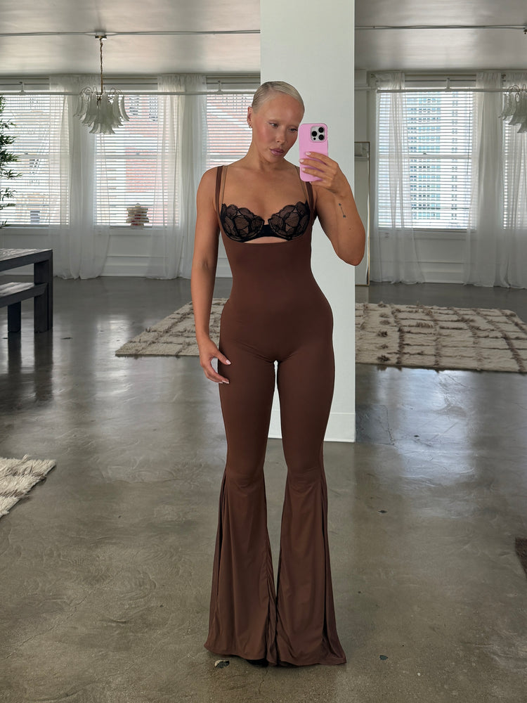 OPEN BUST ULTRA FLARE CATSUIT // MILK CHOCOLATE FOX