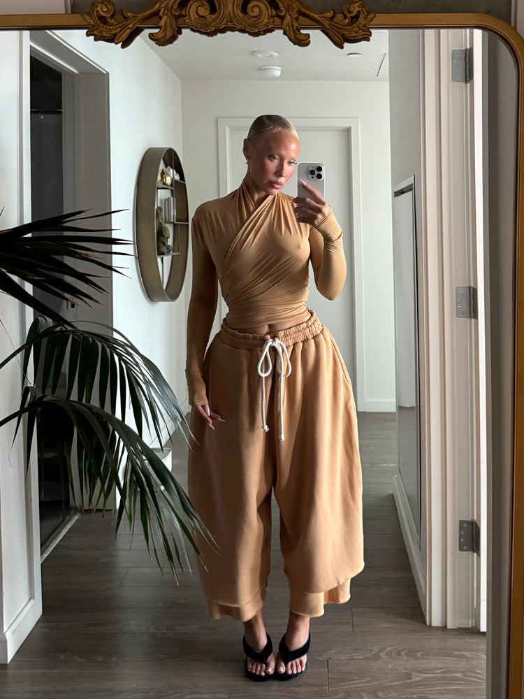 SOFT SHIMMER WRAP TOP // CROISSANT