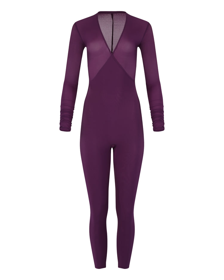 SHEER SHIMMER CATSUIT // EGGPLANT