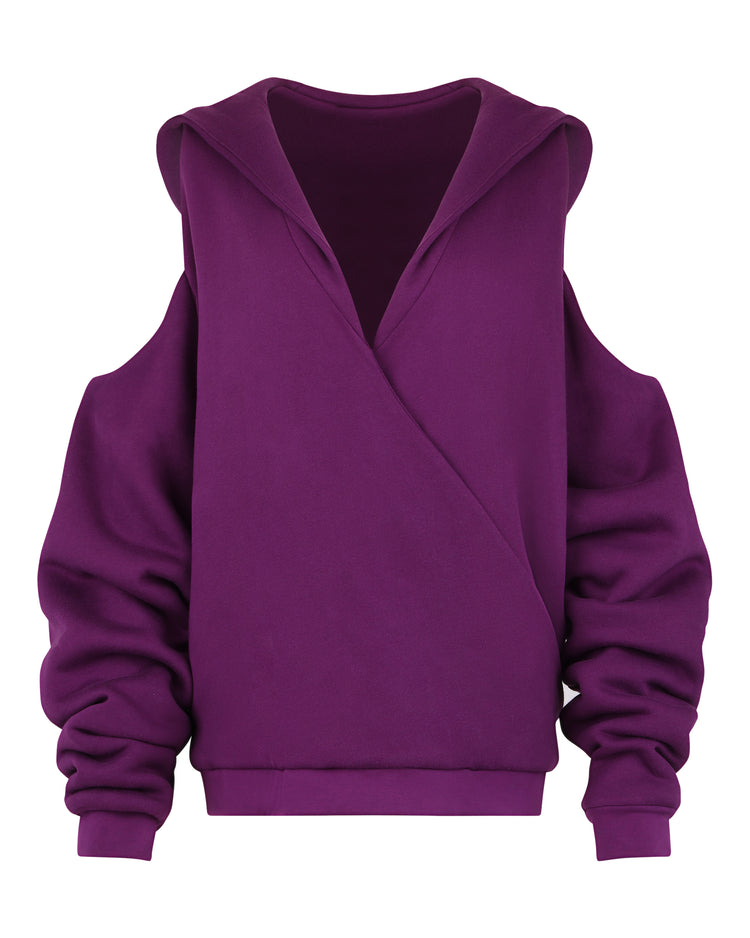 COLD SHOULDER HOODIE // EGGPLANT