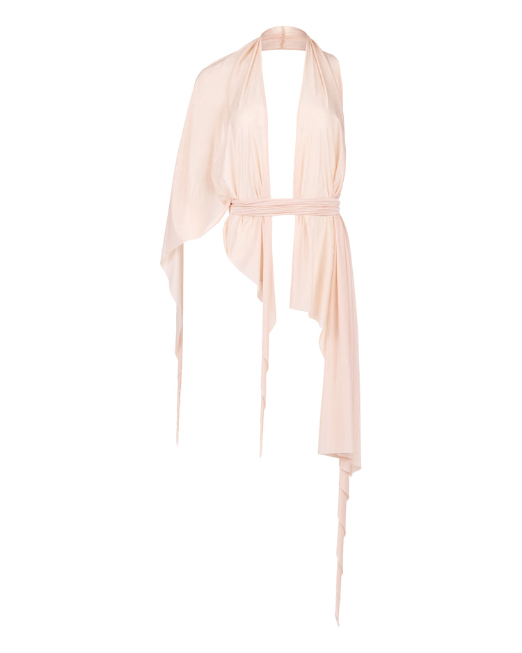 SHEER SHIMMER DRAPE HALTER // PINK MIST
