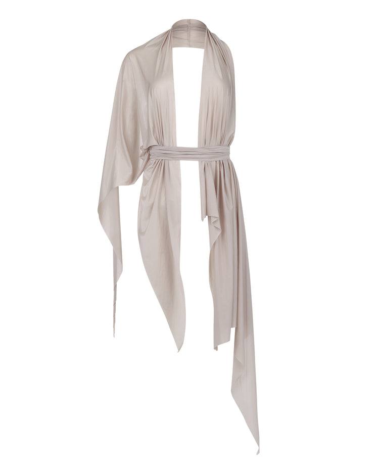 SHEER SHIMMER DRAPE HALTER // COSMIC LATTE