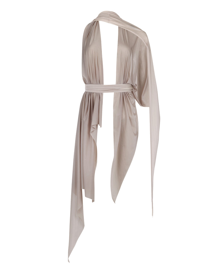 SHEER SHIMMER DRAPE HALTER // COSMIC LATTE