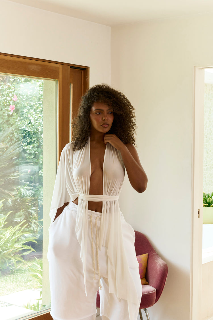 SHEER SHIMMER DRAPE HALTER // OPTIC WHITE