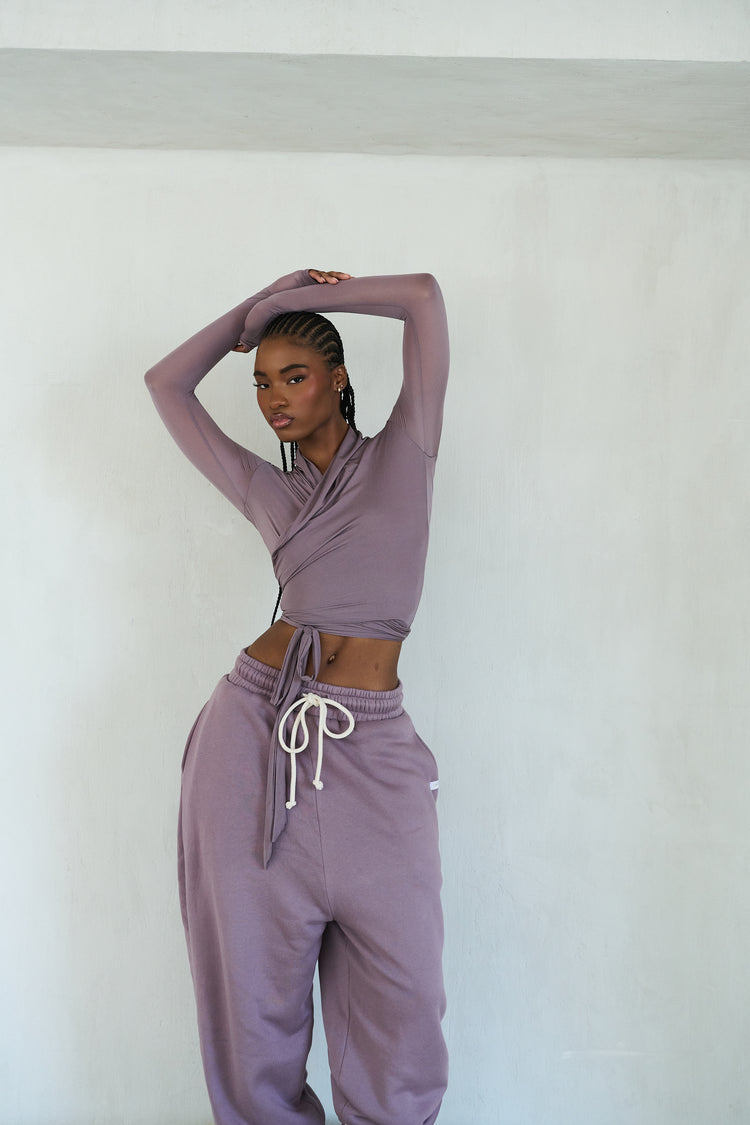 SOFT SHIMMER WRAP TOP // AMETHYST